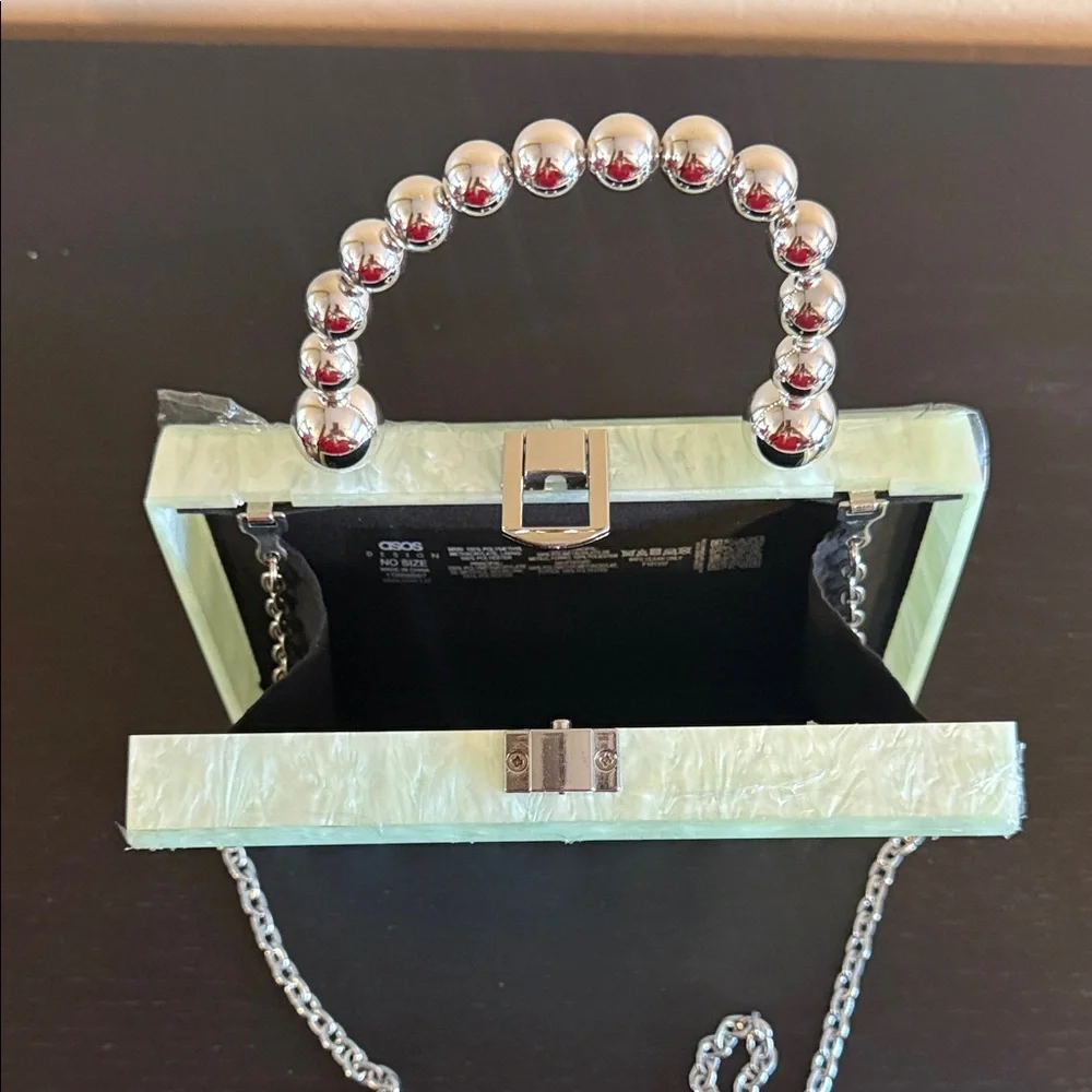 ASOS DESIGN marble resin clutch/ crossbody silver tone beaded handle Mint NEW